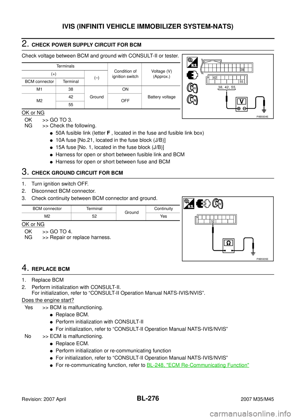 INFINITI M35 2007  Factory Service Manual BL-276
IVIS (INFINITI VEHICLE IMMOBILIZER SYSTEM-NATS)
Revision: 2007 April2007 M35/M45
2. CHECK POWER SUPPLY CIRCUIT FOR BCM
Check voltage between BCM and ground with CONSULT-II or tester.
OK or NG
O
