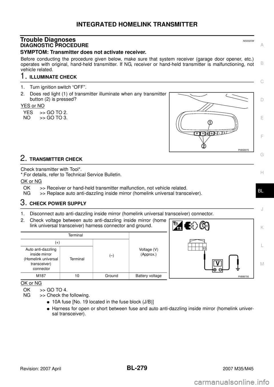 INFINITI M35 2007  Factory Service Manual INTEGRATED HOMELINK TRANSMITTER
BL-279
C
D
E
F
G
H
J
K
L
MA
B
BL
Revision: 2007 April2007 M35/M45
Trouble DiagnosesNIS0020W
DIAGNOSTIC PROCEDURE
SYMPTOM: Transmitter does not activate receiver.
Before