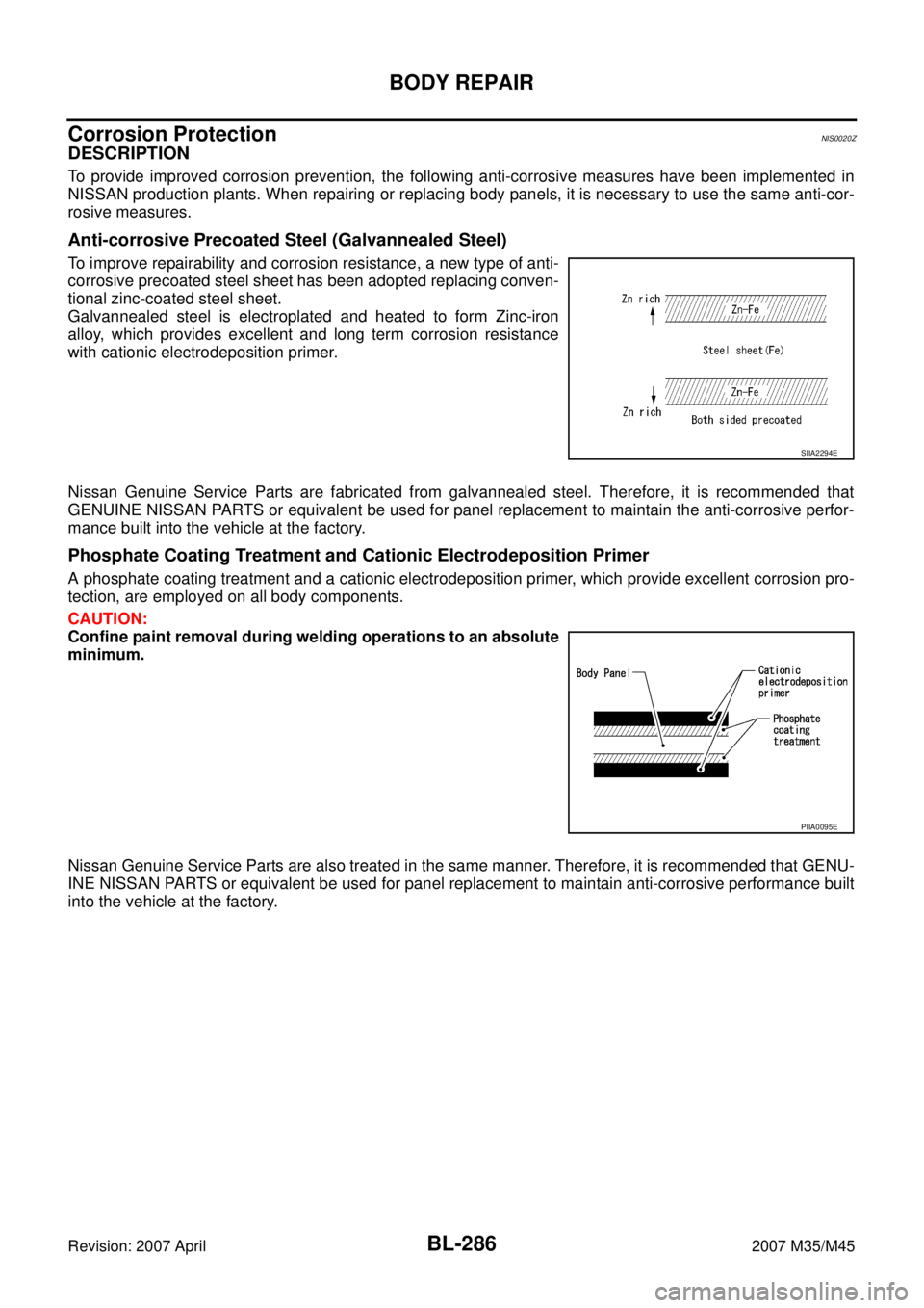 INFINITI M35 2007  Factory Service Manual BL-286
BODY REPAIR
Revision: 2007 April2007 M35/M45
Corrosion ProtectionNIS0020Z
DESCRIPTION
To provide improved corrosion prevention, the following anti-corrosive measures have been implemented in
NI