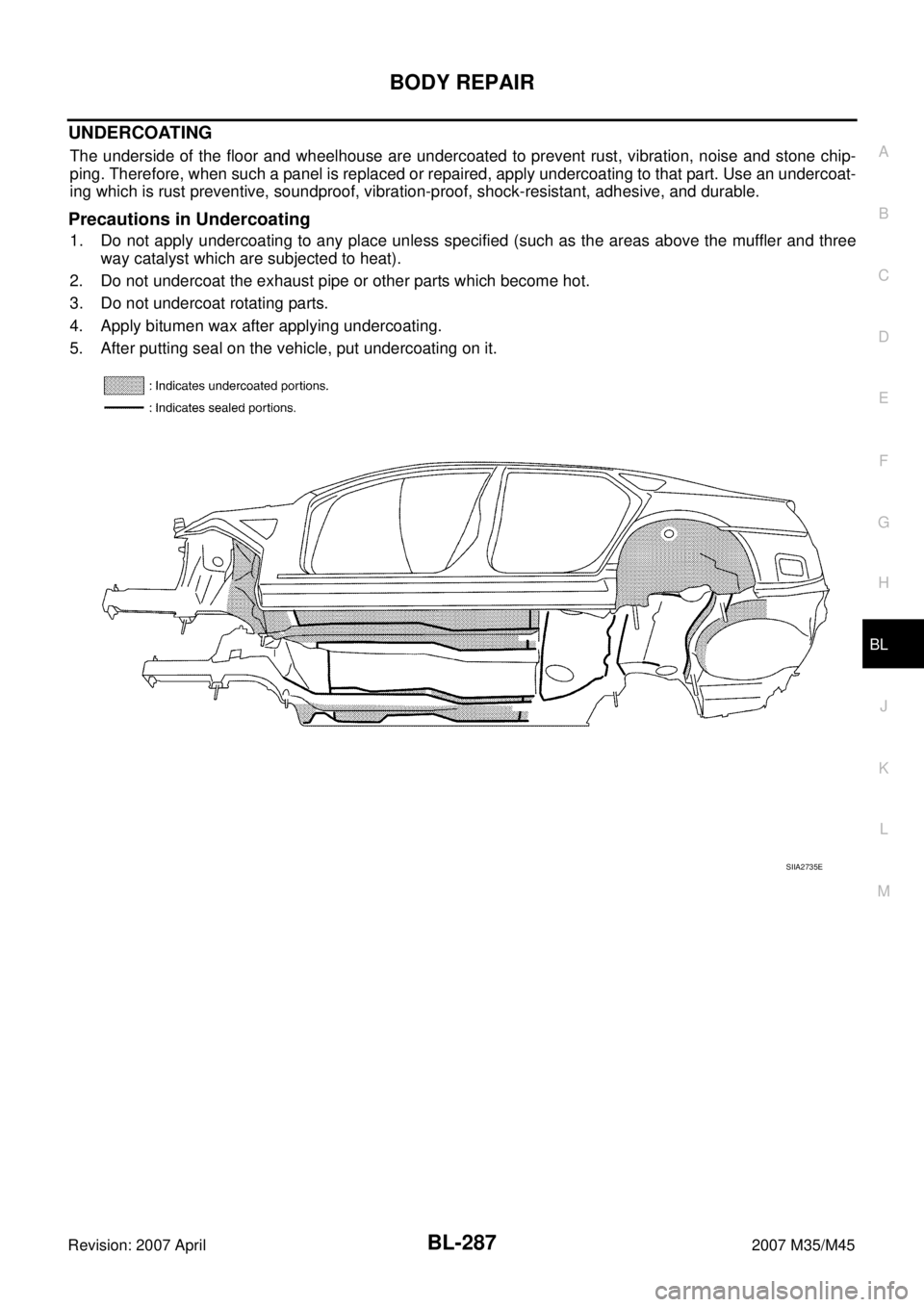 INFINITI M35 2007  Factory Service Manual BODY REPAIR
BL-287
C
D
E
F
G
H
J
K
L
MA
B
BL
Revision: 2007 April2007 M35/M45
UNDERCOATING
The underside of the floor and wheelhouse are undercoated to prevent rust, vibration, noise and stone chip-
p