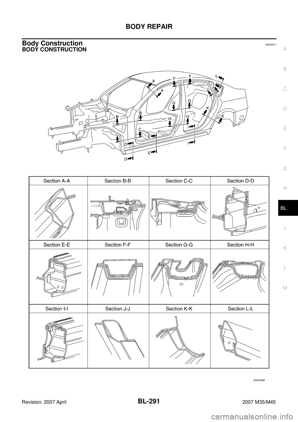 INFINITI M35 2007  Factory Service Manual BODY REPAIR
BL-291
C
D
E
F
G
H
J
K
L
MA
B
BL
Revision: 2007 April2007 M35/M45
Body ConstructionNIS00211
BODY CONSTRUCTION
SIIA2458E 