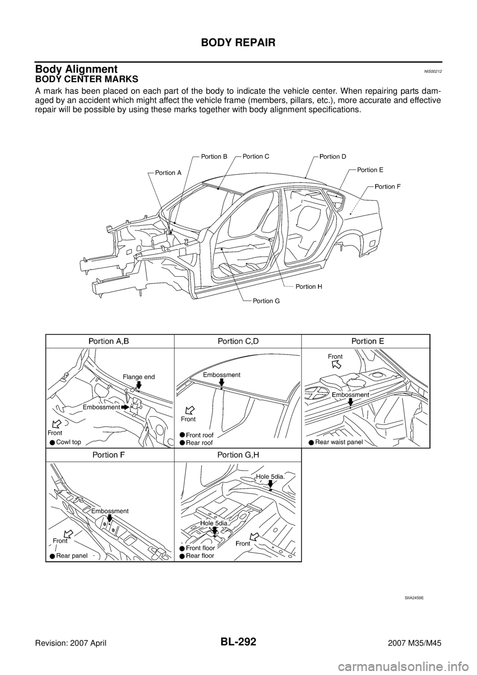 INFINITI M35 2007  Factory Service Manual BL-292
BODY REPAIR
Revision: 2007 April2007 M35/M45
Body AlignmentNIS00212
BODY CENTER MARKS
A mark has been placed on each part of the body to indicate the vehicle center. When repairing parts dam-
a