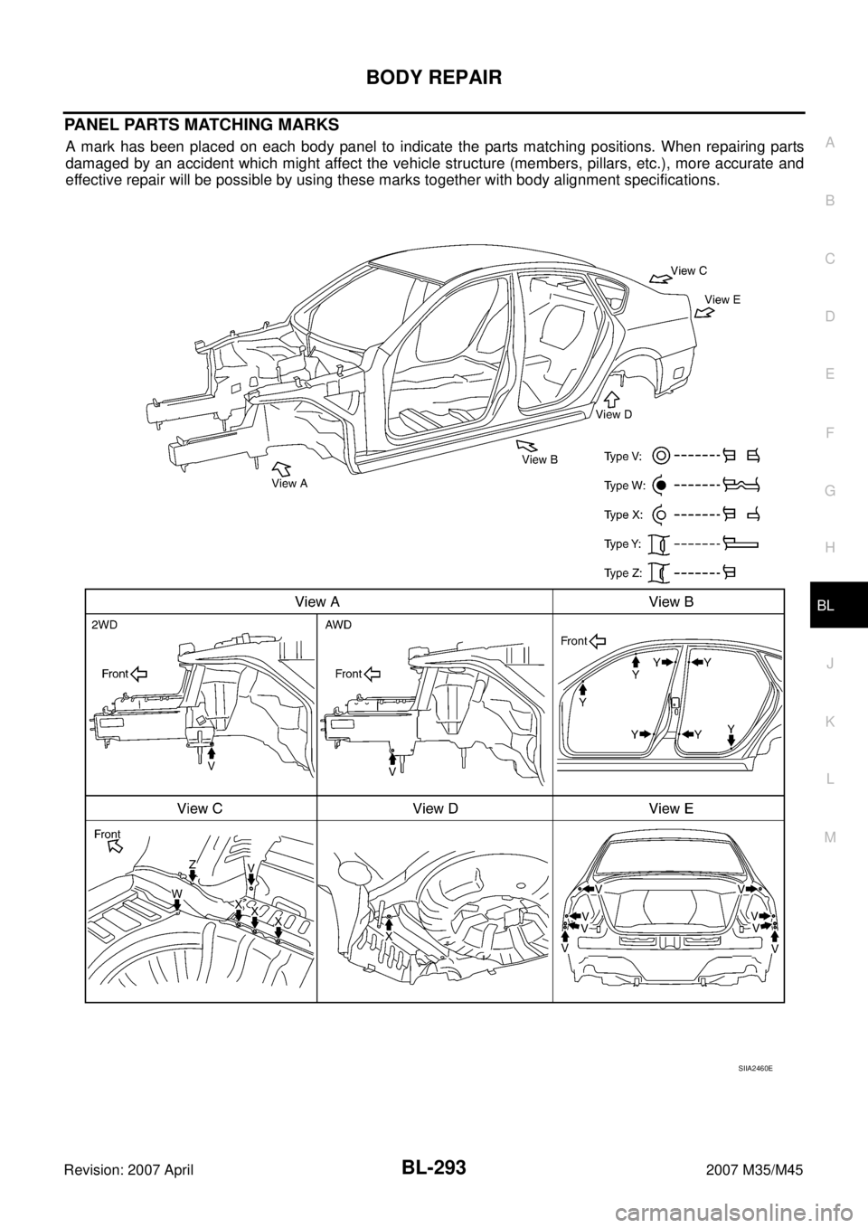 INFINITI M35 2007  Factory Service Manual BODY REPAIR
BL-293
C
D
E
F
G
H
J
K
L
MA
B
BL
Revision: 2007 April2007 M35/M45
PANEL PARTS MATCHING MARKS
A mark has been placed on each body panel to indicate the parts matching positions. When repair