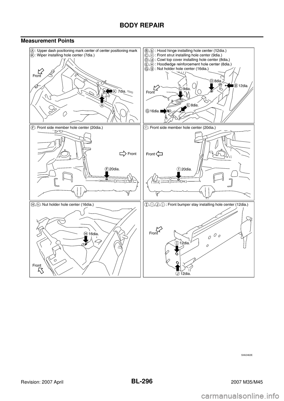 INFINITI M35 2007  Factory Service Manual BL-296
BODY REPAIR
Revision: 2007 April2007 M35/M45
Measurement Points
SIIA2462E 