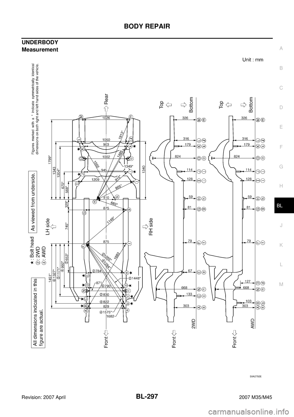 INFINITI M35 2007  Factory Service Manual BODY REPAIR
BL-297
C
D
E
F
G
H
J
K
L
MA
B
BL
Revision: 2007 April2007 M35/M45
UNDERBODY
Measurement
SIIA2792E 