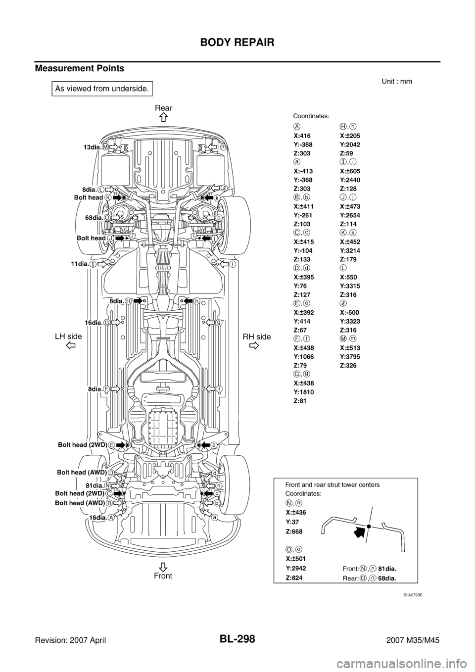 INFINITI M35 2007  Factory Service Manual BL-298
BODY REPAIR
Revision: 2007 April2007 M35/M45
Measurement Points
SIIA2793E 