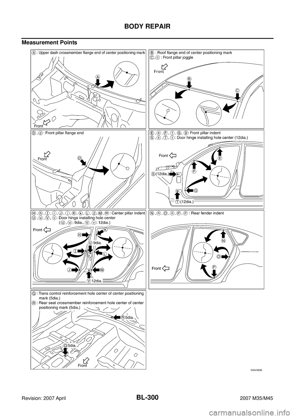 INFINITI M35 2007  Factory Service Manual BL-300
BODY REPAIR
Revision: 2007 April2007 M35/M45
Measurement Points
SIIA2466E 
