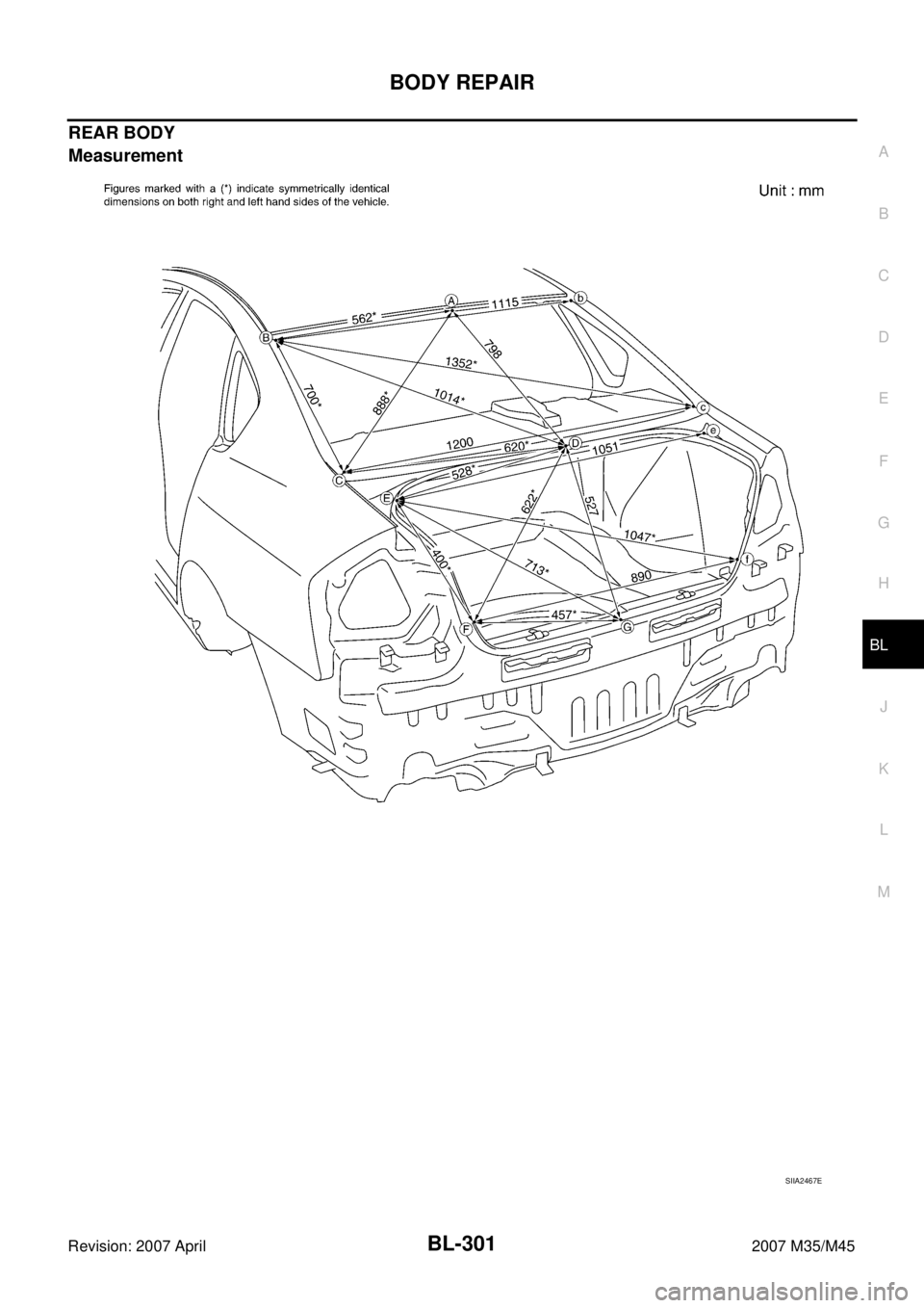 INFINITI M35 2007  Factory Service Manual BODY REPAIR
BL-301
C
D
E
F
G
H
J
K
L
MA
B
BL
Revision: 2007 April2007 M35/M45
REAR BODY
Measurement
SIIA2467E 