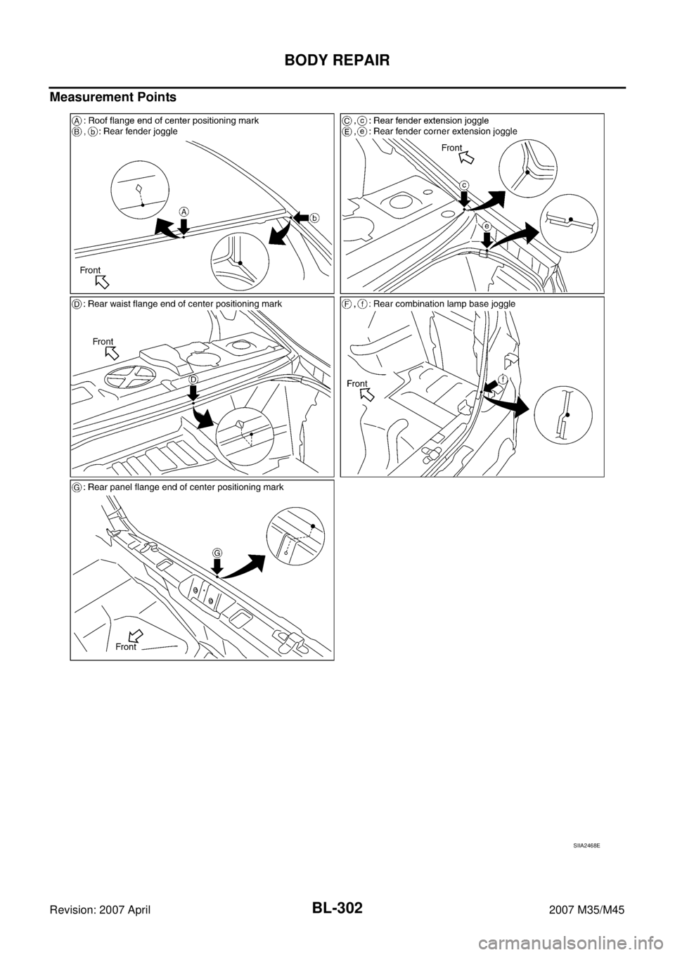 INFINITI M35 2007  Factory Service Manual BL-302
BODY REPAIR
Revision: 2007 April2007 M35/M45
Measurement Points
SIIA2468E 