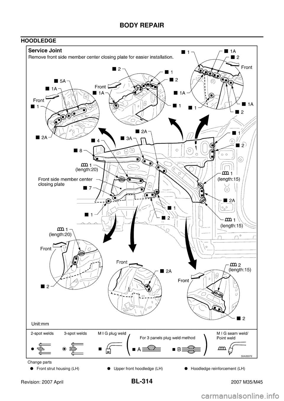 INFINITI M35 2007  Factory Service Manual BL-314
BODY REPAIR
Revision: 2007 April2007 M35/M45
HOODLEDGE
Change parts
Front strut housing (LH)Upper front hoodledge (LH)Hoodledge reinforcement (LH)
SIIA2697E 