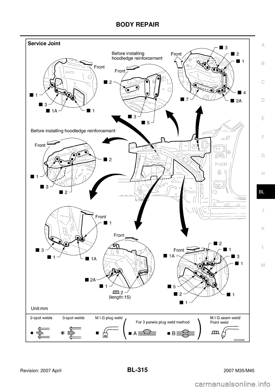 INFINITI M35 2007  Factory Service Manual BODY REPAIR
BL-315
C
D
E
F
G
H
J
K
L
MA
B
BL
Revision: 2007 April2007 M35/M45
SIIA2699E 