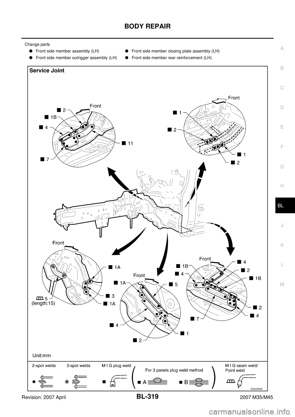 INFINITI M35 2007  Factory Service Manual BODY REPAIR
BL-319
C
D
E
F
G
H
J
K
L
MA
B
BL
Revision: 2007 April2007 M35/M45
Change parts
Front side member assembly (LH)Front side member closing plate assembly (LH)
Front side member outrigger a