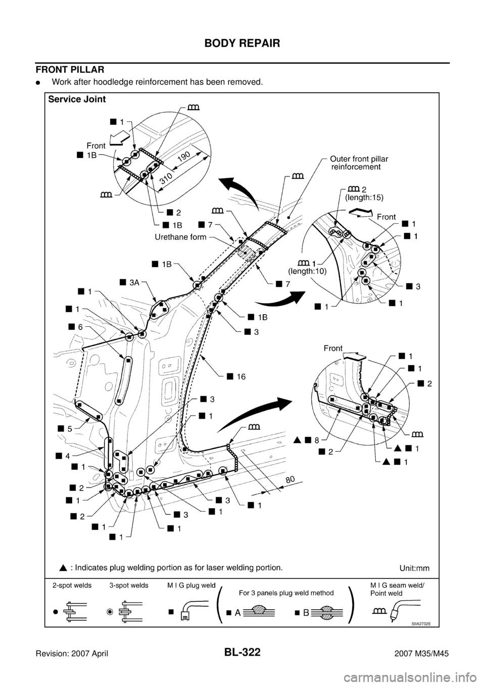 INFINITI M35 2007  Factory Service Manual BL-322
BODY REPAIR
Revision: 2007 April2007 M35/M45
FRONT PILLAR
Work after hoodledge reinforcement has been removed.
SIIA2702E 