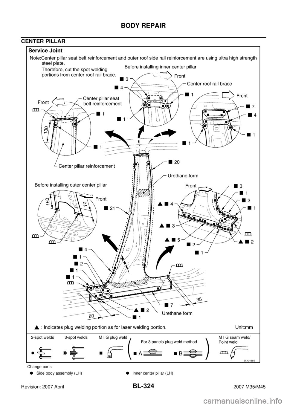 INFINITI M35 2007  Factory Service Manual BL-324
BODY REPAIR
Revision: 2007 April2007 M35/M45
CENTER PILLAR
Change parts
Side body assembly (LH)Inner center pillar (LH)
SIIA2488E 