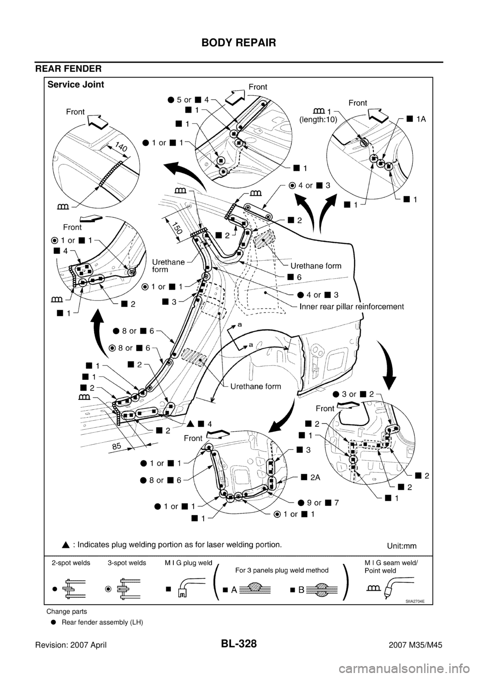 INFINITI M35 2007  Factory Service Manual BL-328
BODY REPAIR
Revision: 2007 April2007 M35/M45
REAR FENDER
Change parts
Rear fender assembly (LH)
SIIA2704E 