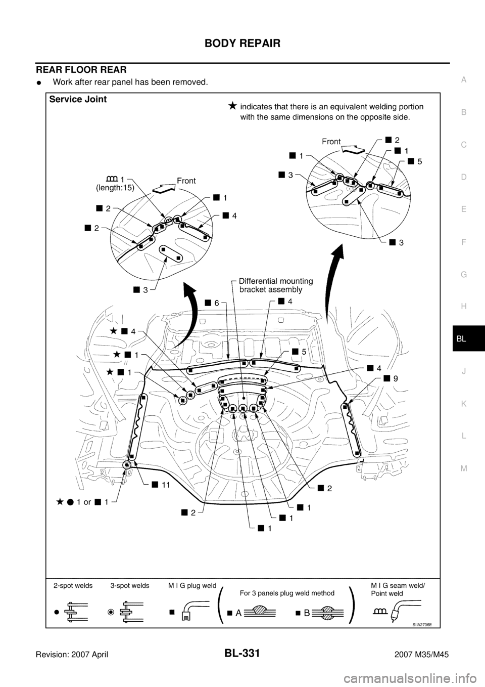 INFINITI M35 2007  Factory Service Manual BODY REPAIR
BL-331
C
D
E
F
G
H
J
K
L
MA
B
BL
Revision: 2007 April2007 M35/M45
REAR FLOOR REAR
Work after rear panel has been removed.
SIIA2706E 