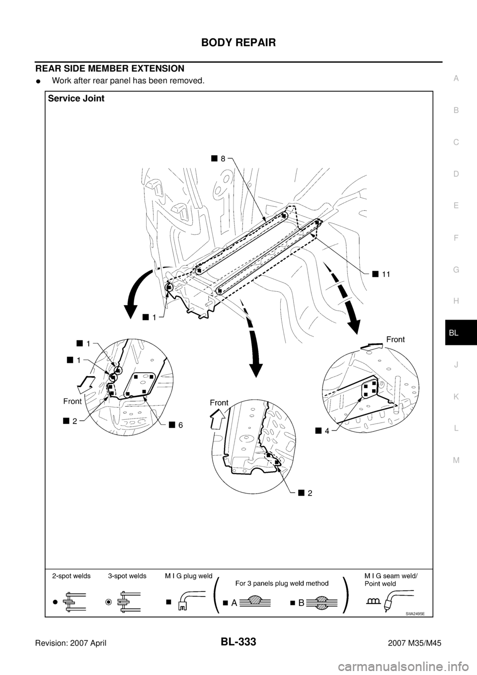 INFINITI M35 2007  Factory Service Manual BODY REPAIR
BL-333
C
D
E
F
G
H
J
K
L
MA
B
BL
Revision: 2007 April2007 M35/M45
REAR SIDE MEMBER EXTENSION
Work after rear panel has been removed.
SIIA2495E 