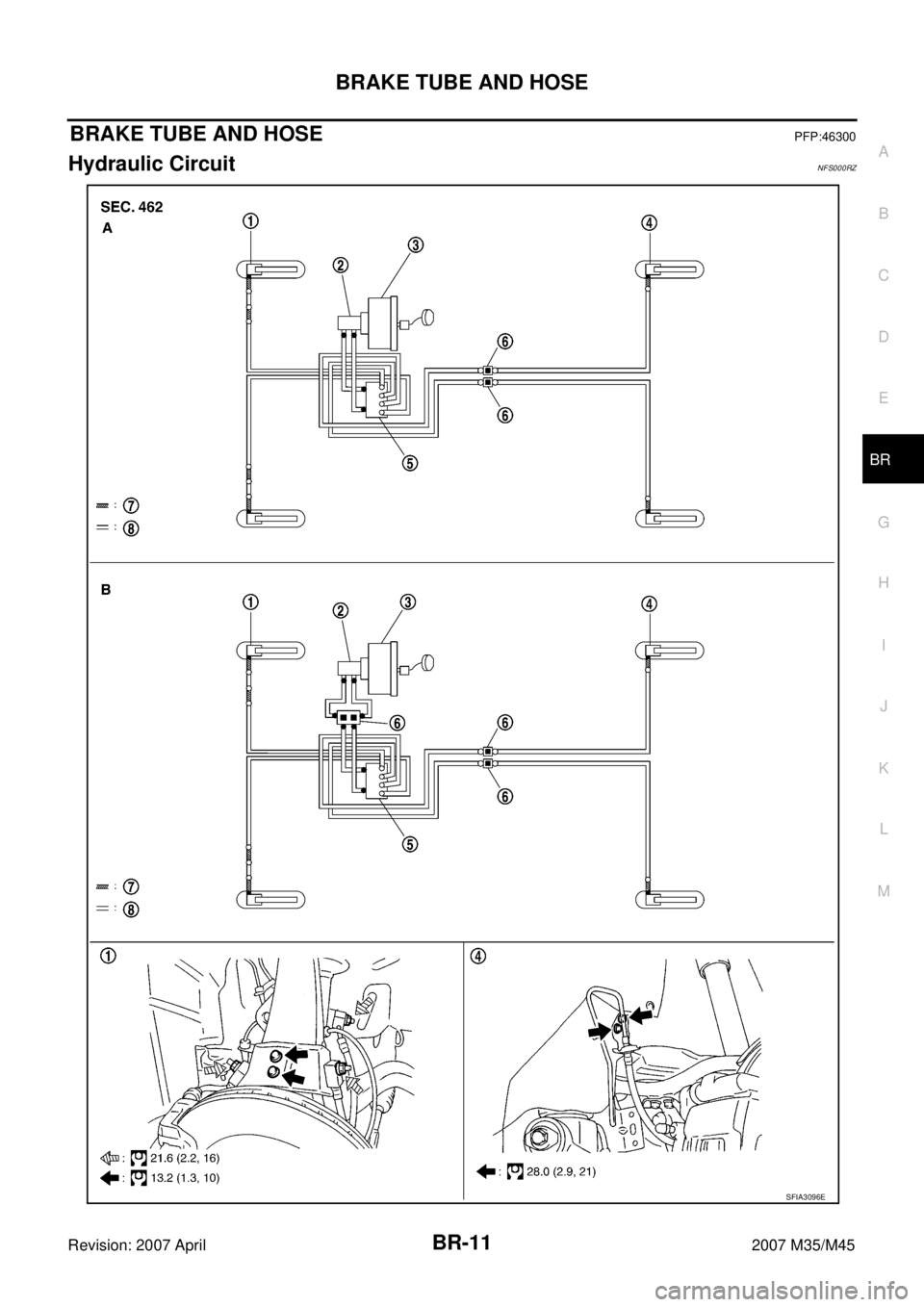 INFINITI M35 2007  Factory Service Manual BRAKE TUBE AND HOSE
BR-11
C
D
E
G
H
I
J
K
L
MA
B
BR
Revision: 2007 April2007 M35/M45
BRAKE TUBE AND HOSEPFP:46300
Hydraulic CircuitNFS000RZ
SFIA3096E 