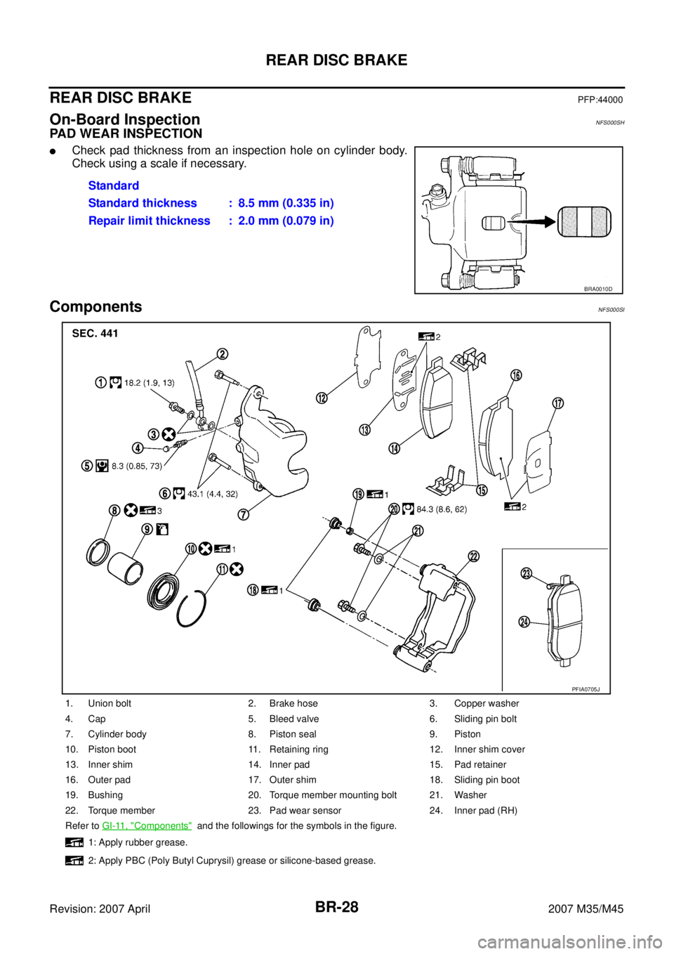 INFINITI M35 2007  Factory Service Manual BR-28
REAR DISC BRAKE
Revision: 2007 April2007 M35/M45
REAR DISC BRAKEPFP:44000
On-Board InspectionNFS000SH
PAD WEAR INSPECTION
Check pad thickness from an inspection hole on cylinder body.
Check usi