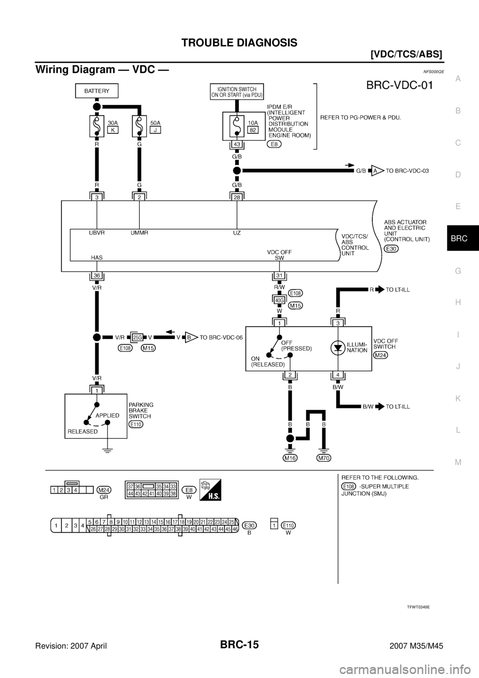 INFINITI M35 2007  Factory Service Manual TROUBLE DIAGNOSIS
BRC-15
[VDC/TCS/ABS]
C
D
E
G
H
I
J
K
L
MA
B
BRC
Revision: 2007 April2007 M35/M45
Wiring Diagram — VDC — NFS000QE
TFWT0349E 
