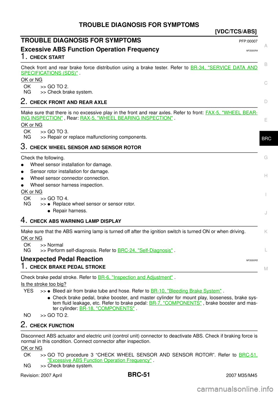 INFINITI M35 2007  Factory Service Manual TROUBLE DIAGNOSIS FOR SYMPTOMS
BRC-51
[VDC/TCS/ABS]
C
D
E
G
H
I
J
K
L
MA
B
BRC
Revision: 2007 April2007 M35/M45
TROUBLE DIAGNOSIS FOR SYMPTOMSPFP:00007
Excessive ABS Function Operation FrequencyNFS000