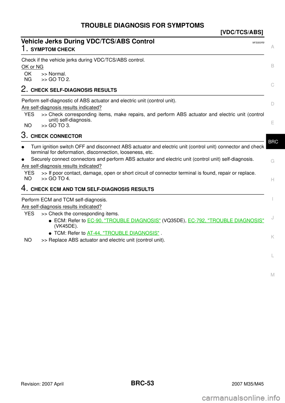INFINITI M35 2007  Factory Service Manual TROUBLE DIAGNOSIS FOR SYMPTOMS
BRC-53
[VDC/TCS/ABS]
C
D
E
G
H
I
J
K
L
MA
B
BRC
Revision: 2007 April2007 M35/M45
Vehicle Jerks During VDC/TCS/ABS ControlNFS000R9
1. SYMPTOM CHECK
Check if the vehicle j