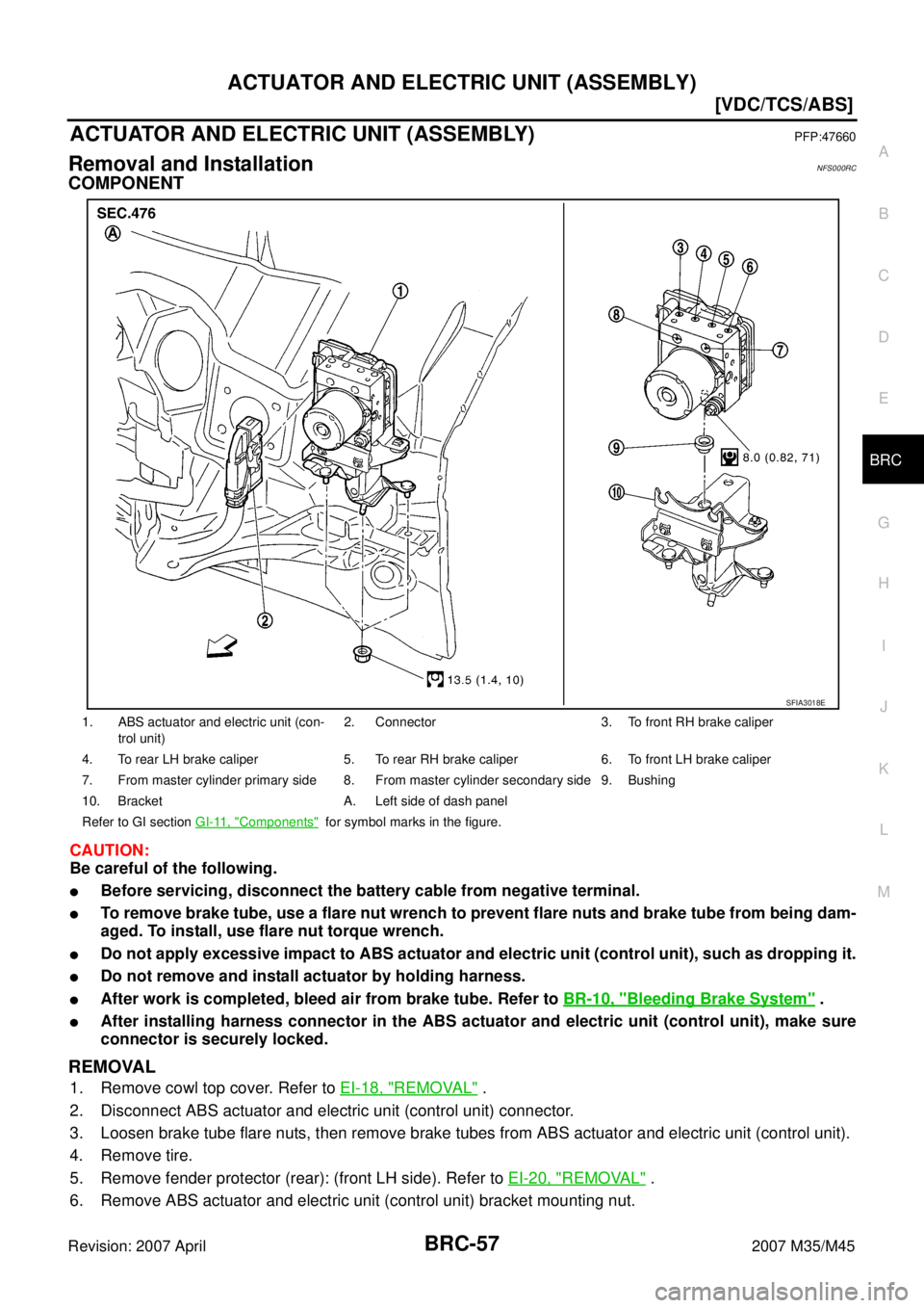 INFINITI M35 2007  Factory Service Manual ACTUATOR AND ELECTRIC UNIT (ASSEMBLY)
BRC-57
[VDC/TCS/ABS]
C
D
E
G
H
I
J
K
L
MA
B
BRC
Revision: 2007 April2007 M35/M45
ACTUATOR AND ELECTRIC UNIT (ASSEMBLY)PFP:47660
Removal and InstallationNFS000RC
C