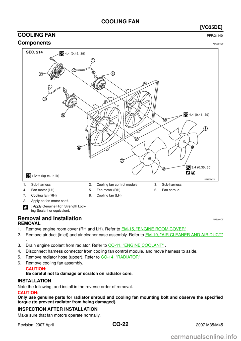 INFINITI M35 2007  Factory Service Manual CO-22
[VQ35DE]
COOLING FAN
Revision: 2007 April2007 M35/M45
COOLING FANPFP:21140
ComponentsNBS004QY
Removal and Installation NBS004QZ
REMOVAL
1. Remove engine room cover (RH and LH). Refer to EM-15, "