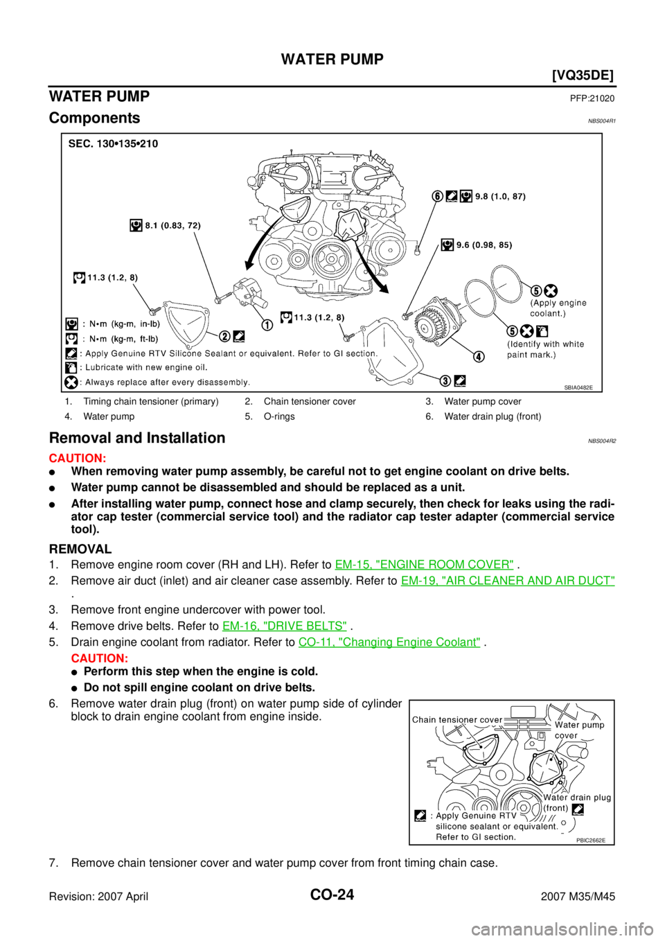 INFINITI M35 2007  Factory Service Manual CO-24
[VQ35DE]
WATER PUMP
Revision: 2007 April2007 M35/M45
WATE R  P U M PPFP:21020
ComponentsNBS004R1
Removal and InstallationNBS004R2
CAUTION:
When removing water pump assembly, be careful not to g