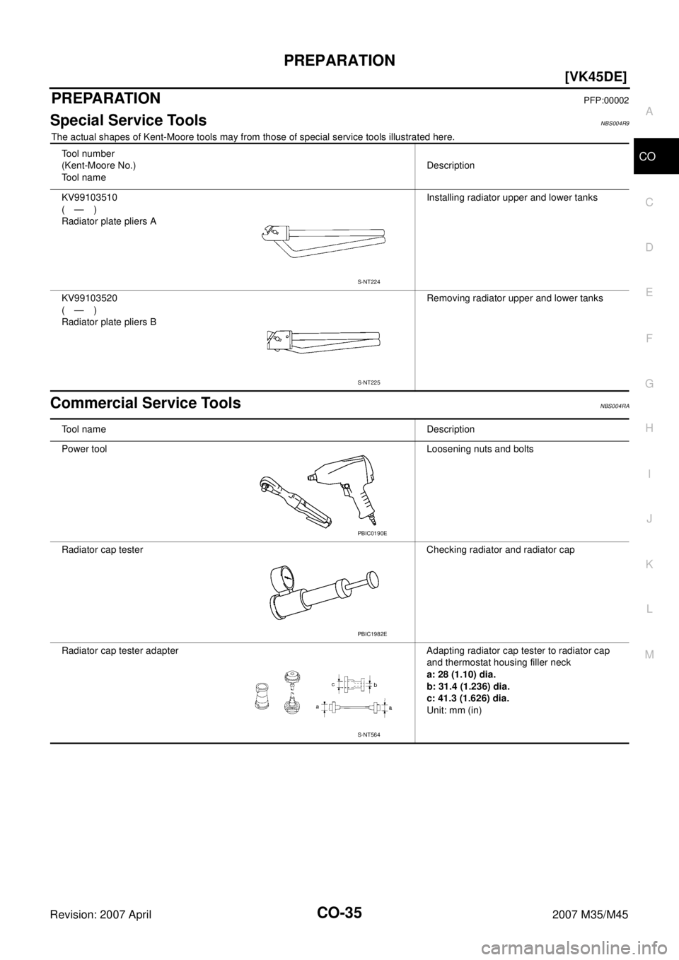 INFINITI M35 2007  Factory Service Manual PREPARATION
CO-35
[VK45DE]
C
D
E
F
G
H
I
J
K
L
MA
CO
Revision: 2007 April2007 M35/M45
PREPARATIONPFP:00002
Special Service ToolsNBS004R9
The actual shapes of Kent-Moore tools may from those of special