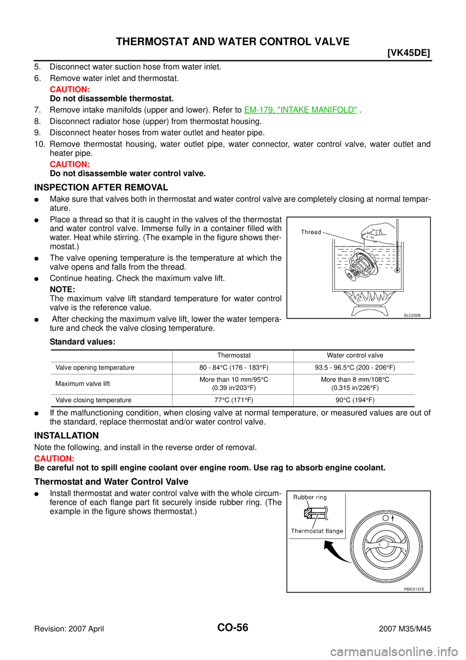 INFINITI M35 2007  Factory Service Manual CO-56
[VK45DE]
THERMOSTAT AND WATER CONTROL VALVE
Revision: 2007 April2007 M35/M45
5. Disconnect water suction hose from water inlet.
6. Remove water inlet and thermostat.
CAUTION:
Do not disassemble 