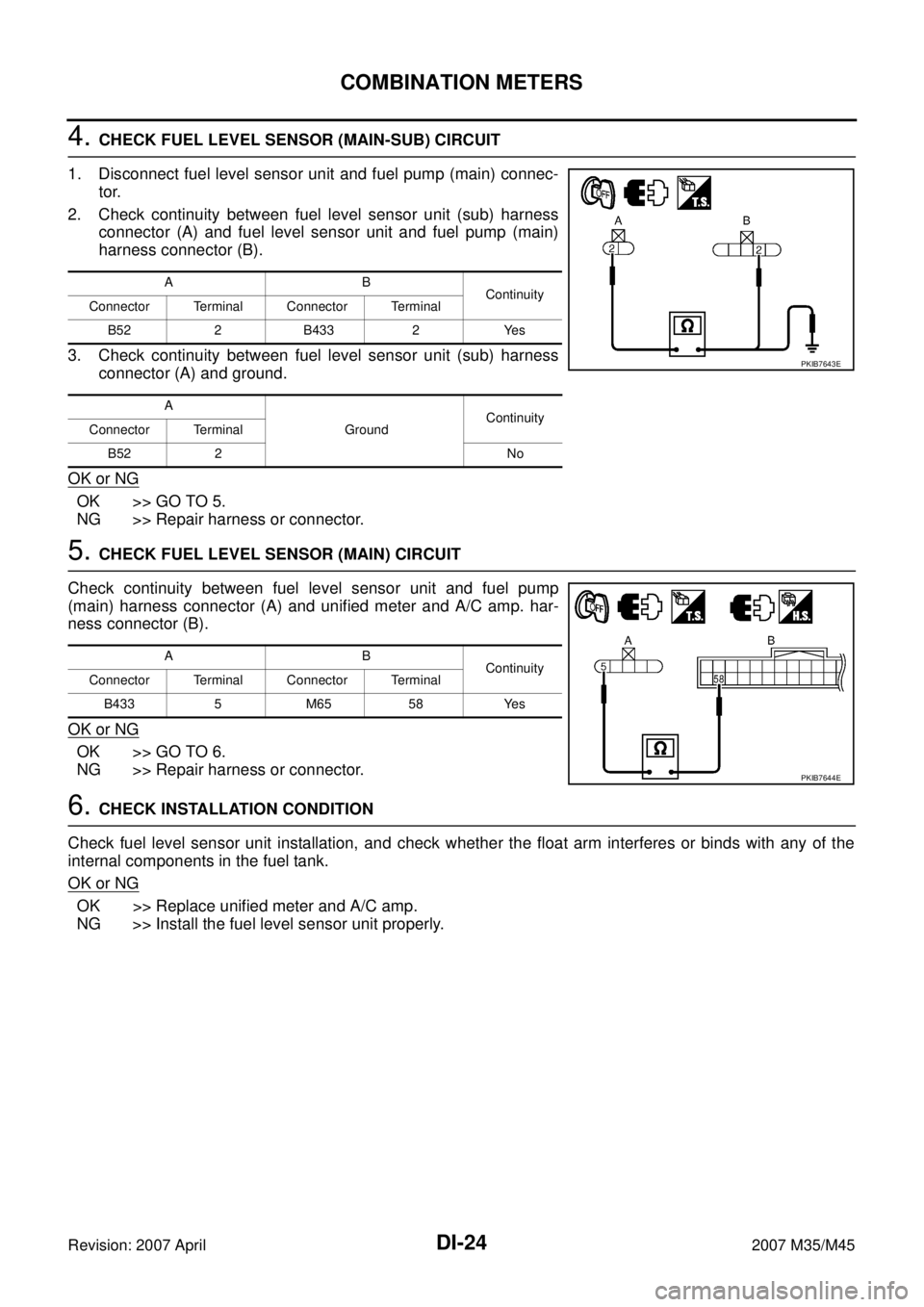 INFINITI M35 2007 Factory Service Manual DI-24
COMBINATION METERS
Revision: 2007 April2007 M35/M45
4. CHECK FUEL LEVEL SENSOR (MAIN-SUB) CIRCUIT
1. Disconnect fuel level sensor unit and fuel pump (main) connec-
tor.
2. Check continuity betwe INFINITI M35 2007 Factory Service Manual DI-24
COMBINATION METERS
Revision: 2007 April2007 M35/M45
4. CHECK FUEL LEVEL SENSOR (MAIN-SUB) CIRCUIT
1. Disconnect fuel level sensor unit and fuel pump (main) connec-
tor.
2. Check continuity betwe