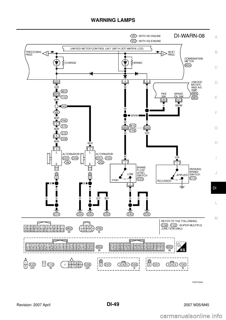 INFINITI M35 2007  Factory Service Manual WARNING LAMPS
DI-49
C
D
E
F
G
H
I
J
L
MA
B
DI
Revision: 2007 April2007 M35/M45
TKWT3434E 