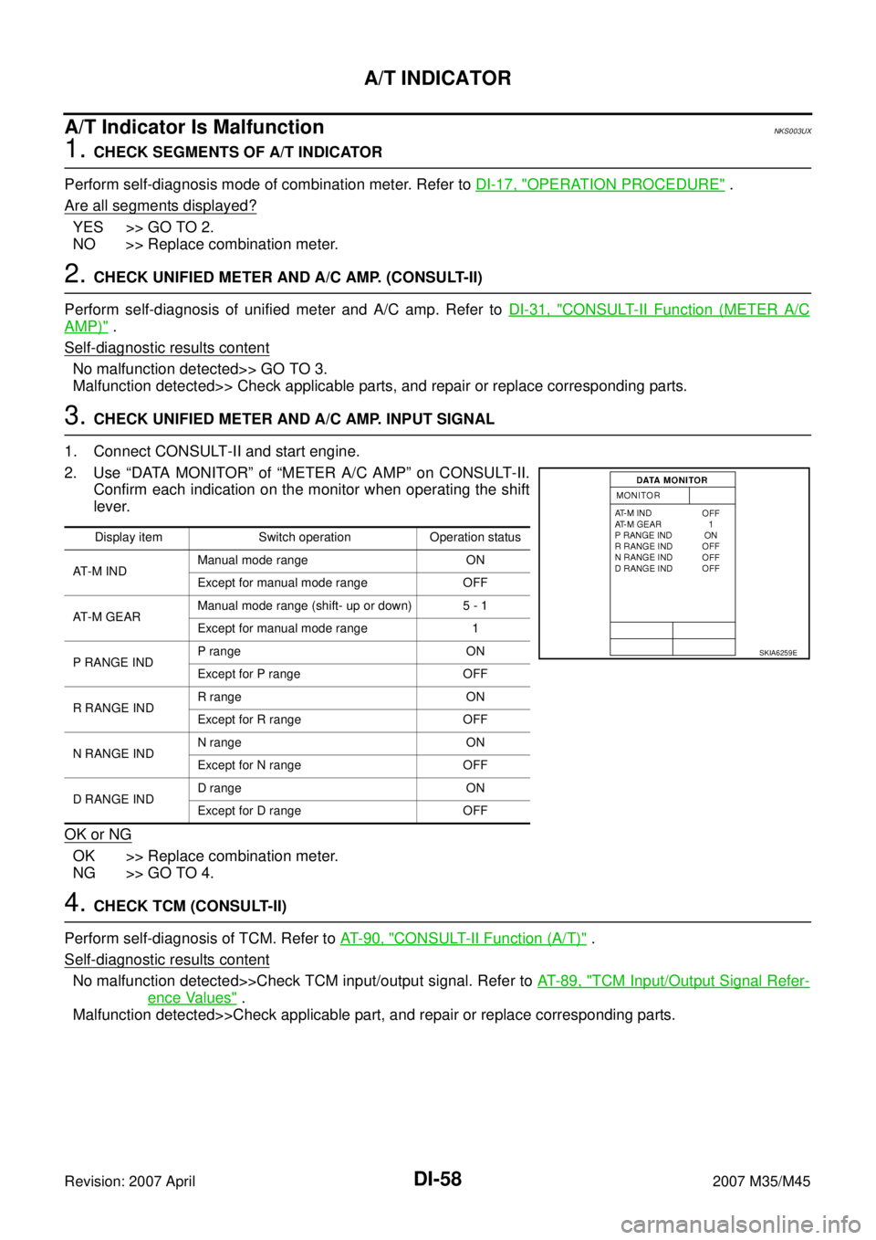 INFINITI M35 2007 Factory Service Manual DI-58
A/T INDICATOR
Revision: 2007 April2007 M35/M45
A/T Indicator Is MalfunctionNKS003UX
1. CHECK SEGMENTS OF A/T INDICATOR
Perform self-diagnosis mode of combination meter. Refer to DI-17, "
OPERATI INFINITI M35 2007 Factory Service Manual DI-58
A/T INDICATOR
Revision: 2007 April2007 M35/M45
A/T Indicator Is MalfunctionNKS003UX
1. CHECK SEGMENTS OF A/T INDICATOR
Perform self-diagnosis mode of combination meter. Refer to DI-17, "
OPERATI