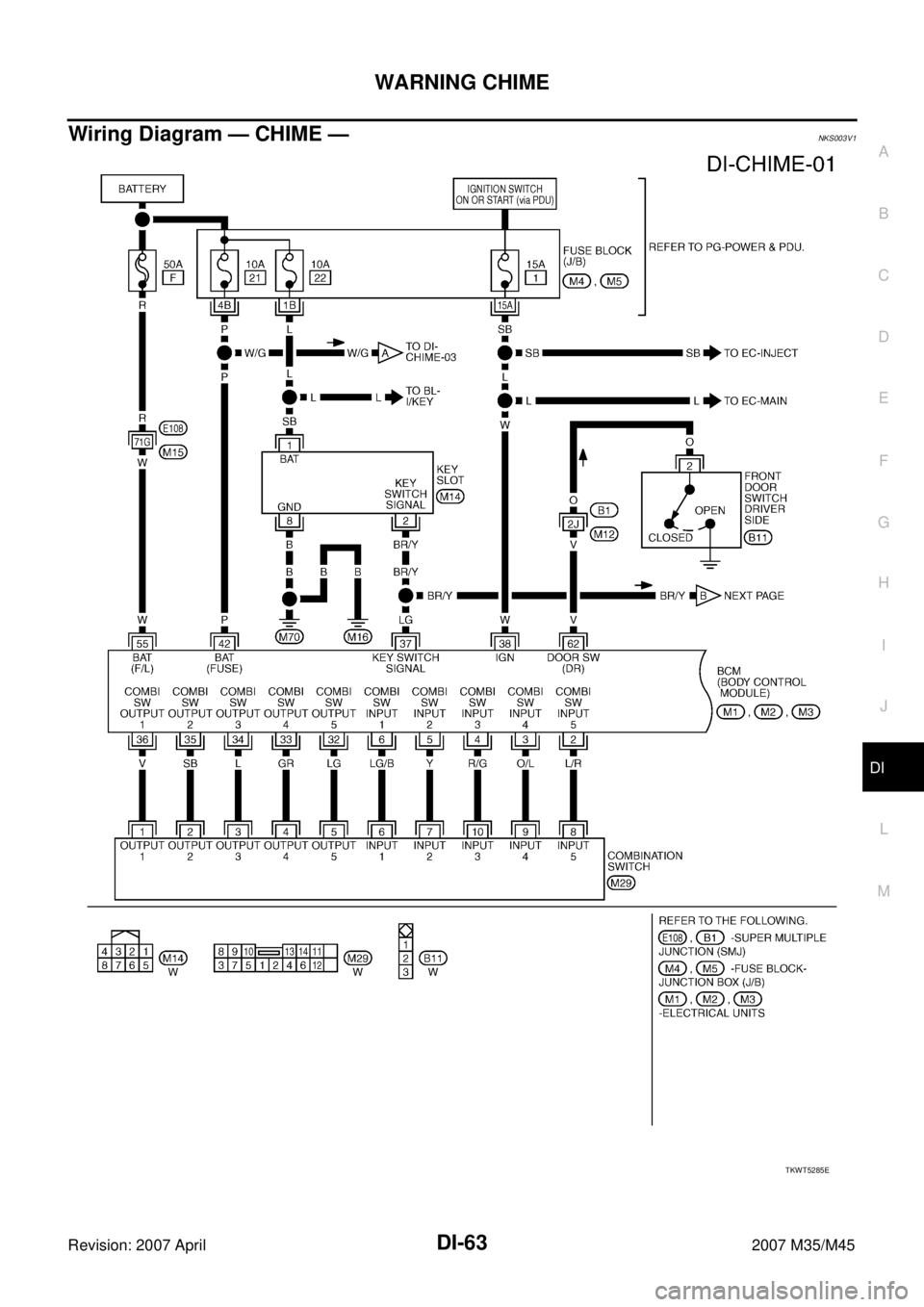 INFINITI M35 2007  Factory Service Manual WARNING CHIME
DI-63
C
D
E
F
G
H
I
J
L
MA
B
DI
Revision: 2007 April2007 M35/M45
Wiring Diagram — CHIME —NKS003V1
TKWT5285E 