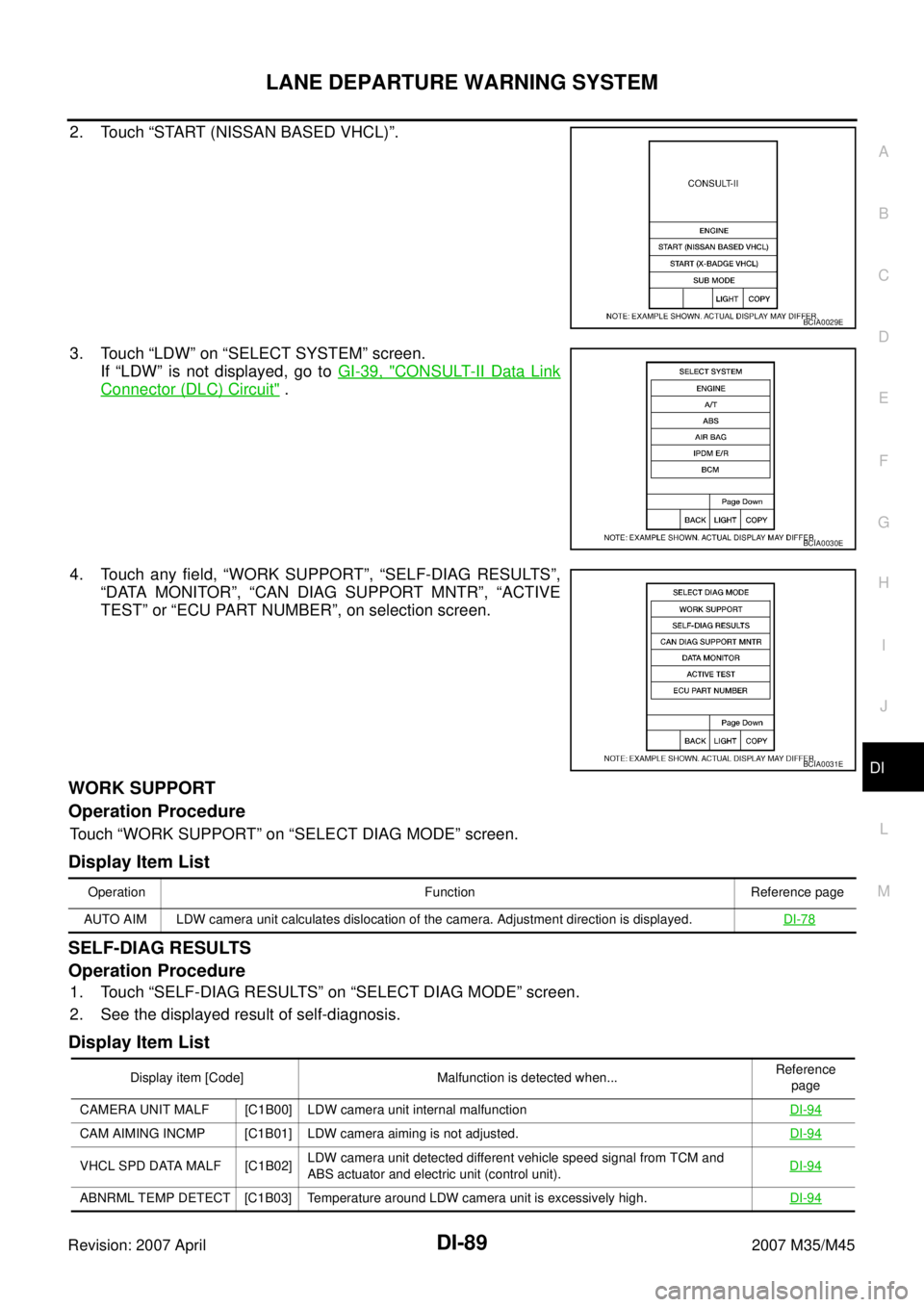 INFINITI M35 2007 Factory Service Manual LANE DEPARTURE WARNING SYSTEM
DI-89
C
D
E
F
G
H
I
J
L
MA
B
DI
Revision: 2007 April2007 M35/M45
2. Touch “START (NISSAN BASED VHCL)”.
3. Touch “LDW” on “SELECT SYSTEM” screen.
If “LDW” INFINITI M35 2007 Factory Service Manual LANE DEPARTURE WARNING SYSTEM
DI-89
C
D
E
F
G
H
I
J
L
MA
B
DI
Revision: 2007 April2007 M35/M45
2. Touch “START (NISSAN BASED VHCL)”.
3. Touch “LDW” on “SELECT SYSTEM” screen.
If “LDW”