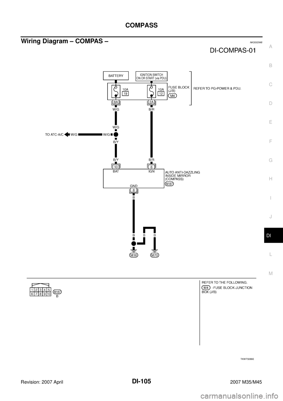 INFINITI M35 2007  Factory Service Manual COMPASS
DI-105
C
D
E
F
G
H
I
J
L
MA
B
DI
Revision: 2007 April2007 M35/M45
Wiring Diagram – COMPAS –NKS003W6
TKWT5086E 