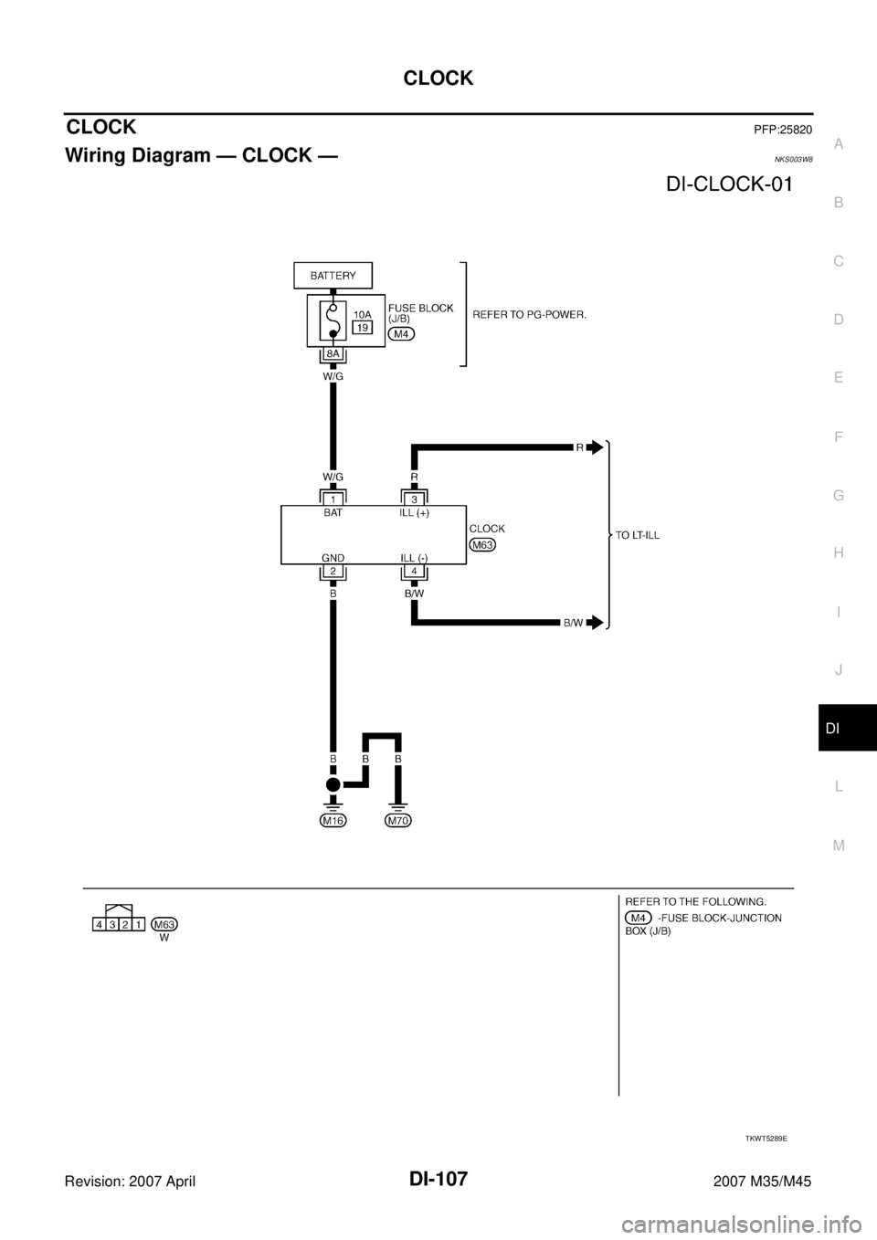 INFINITI M35 2007  Factory Service Manual CLOCK
DI-107
C
D
E
F
G
H
I
J
L
MA
B
DI
Revision: 2007 April2007 M35/M45
CLOCKPFP:25820
Wiring Diagram — CLOCK —NKS003W8
TKWT5289E 