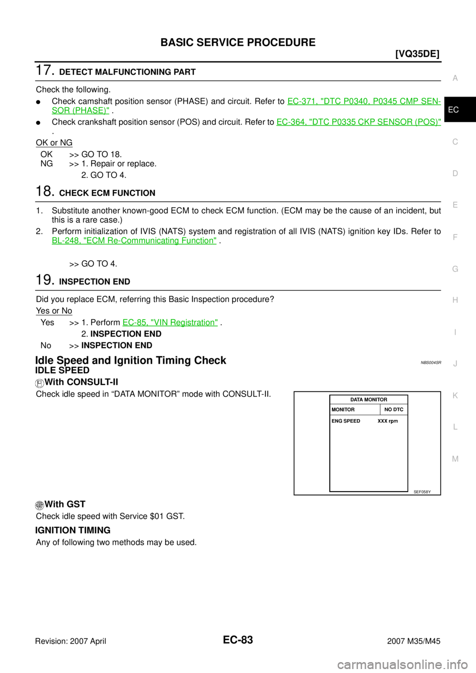 INFINITI M35 2007  Factory Service Manual BASIC SERVICE PROCEDURE
EC-83
[VQ35DE]
C
D
E
F
G
H
I
J
K
L
MA
EC
Revision: 2007 April2007 M35/M45
17. DETECT MALFUNCTIONING PART
Check the following.
Check camshaft position sensor (PHASE) and circui