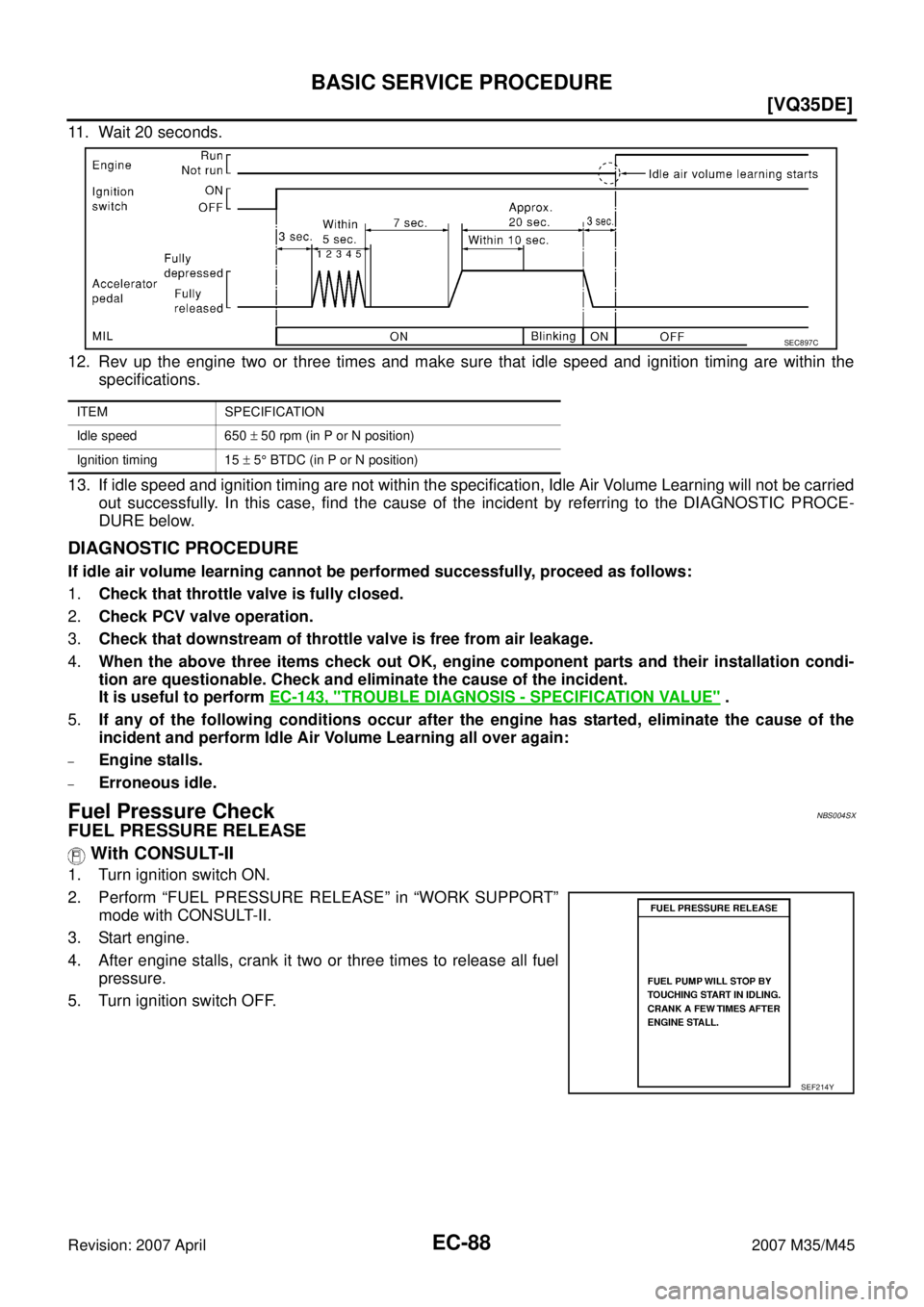 INFINITI M35 2007  Factory Service Manual EC-88
[VQ35DE]
BASIC SERVICE PROCEDURE
Revision: 2007 April2007 M35/M45
11. Wait 20 seconds.
12. Rev up the engine two or three times and make sure that idle speed and ignition timing are within the
s