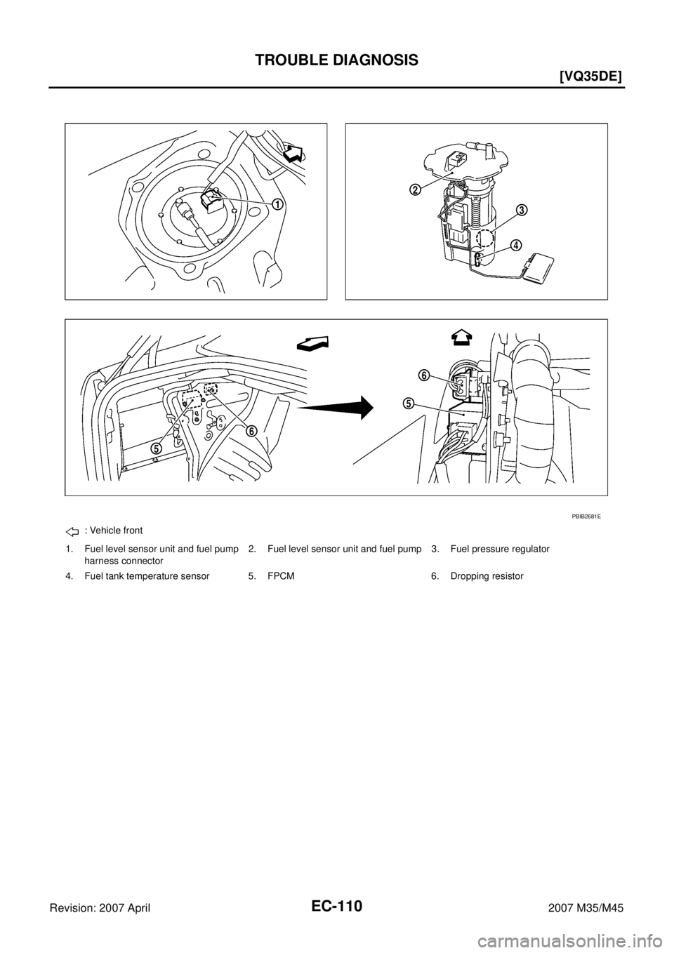 INFINITI M35 2007  Factory Service Manual EC-110
[VQ35DE]
TROUBLE DIAGNOSIS
Revision: 2007 April2007 M35/M45
: Vehicle front
1. Fuel level sensor unit and fuel pump 
harness connector2. Fuel level sensor unit and fuel pump 3. Fuel pressure re