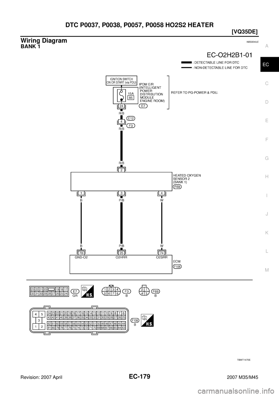 INFINITI M35 2007  Factory Service Manual DTC P0037, P0038, P0057, P0058 HO2S2 HEATER
EC-179
[VQ35DE]
C
D
E
F
G
H
I
J
K
L
MA
EC
Revision: 2007 April2007 M35/M45
Wiring DiagramNBS004UC
BANK 1
TBWT1470E 