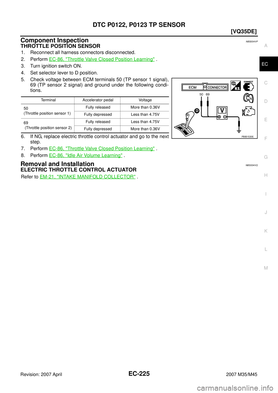 INFINITI M35 2007  Factory Service Manual DTC P0122, P0123 TP SENSOR
EC-225
[VQ35DE]
C
D
E
F
G
H
I
J
K
L
MA
EC
Revision: 2007 April2007 M35/M45
Component InspectionNBS004VP
THROTTLE POSITION SENSOR
1. Reconnect all harness connectors disconne