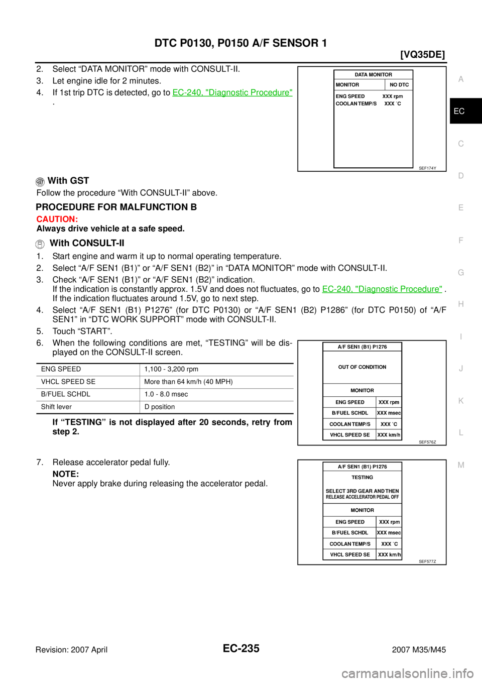 INFINITI M35 2007  Factory Service Manual DTC P0130, P0150 A/F SENSOR 1
EC-235
[VQ35DE]
C
D
E
F
G
H
I
J
K
L
MA
EC
Revision: 2007 April2007 M35/M45
2. Select “DATA MONITOR” mode with CONSULT-II.
3. Let engine idle for 2 minutes.
4. If 1st 
