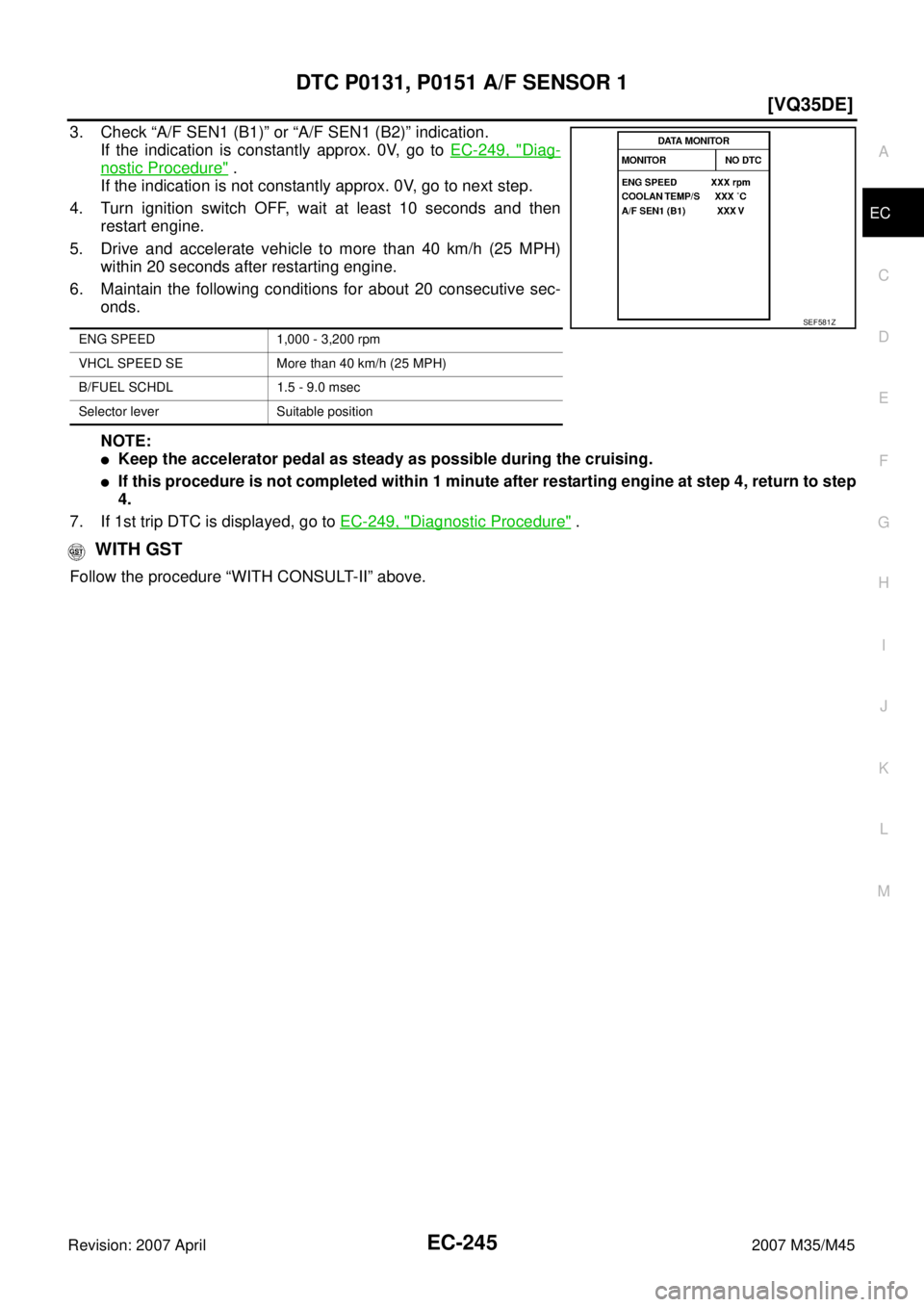 INFINITI M35 2007  Factory Service Manual DTC P0131, P0151 A/F SENSOR 1
EC-245
[VQ35DE]
C
D
E
F
G
H
I
J
K
L
MA
EC
Revision: 2007 April2007 M35/M45
3. Check “A/F SEN1 (B1)” or “A/F SEN1 (B2)” indication.
If the indication is constantly