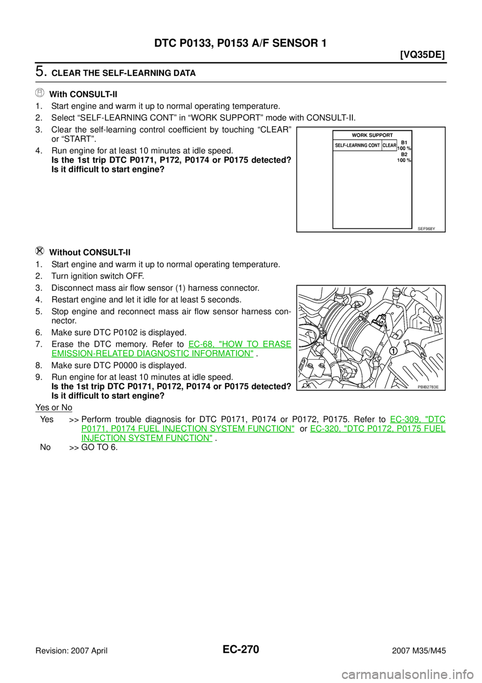 INFINITI M35 2007  Factory Service Manual EC-270
[VQ35DE]
DTC P0133, P0153 A/F SENSOR 1
Revision: 2007 April2007 M35/M45
5. CLEAR THE SELF-LEARNING DATA
 With CONSULT-II
1. Start engine and warm it up to normal operating temperature.
2. Selec