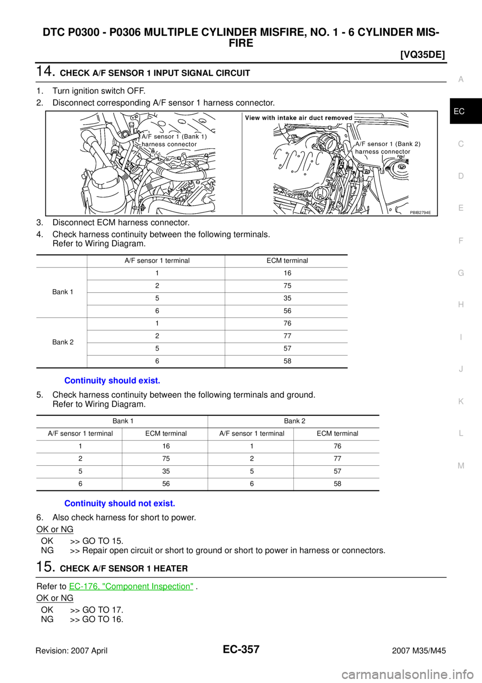 INFINITI M35 2007  Factory Service Manual DTC P0300 - P0306 MULTIPLE CYLINDER MISFIRE, NO. 1 - 6 CYLINDER MIS-
FIRE
EC-357
[VQ35DE]
C
D
E
F
G
H
I
J
K
L
MA
EC
Revision: 2007 April2007 M35/M45
14. CHECK A/F SENSOR 1 INPUT SIGNAL CIRCUIT
1. Turn