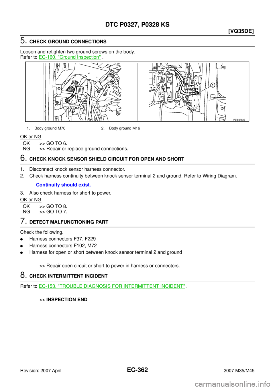 INFINITI M35 2007  Factory Service Manual EC-362
[VQ35DE]
DTC P0327, P0328 KS
Revision: 2007 April2007 M35/M45
5. CHECK GROUND CONNECTIONS
Loosen and retighten two ground screws on the body.
Refer to EC-160, "
Ground Inspection" .
OK or NG
OK