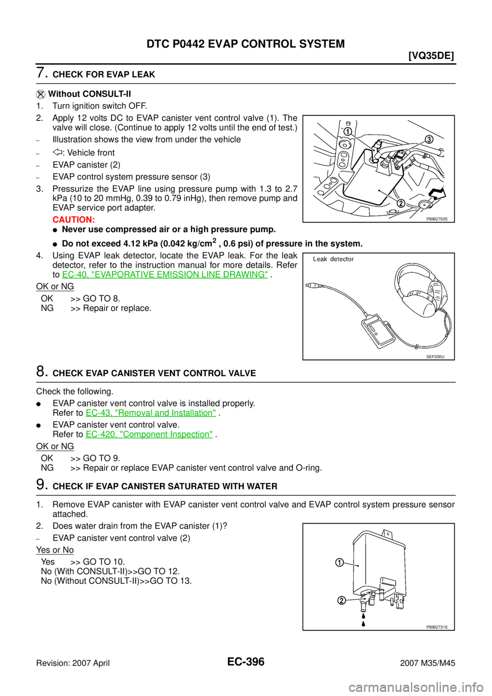 INFINITI M35 2007  Factory Service Manual EC-396
[VQ35DE]
DTC P0442 EVAP CONTROL SYSTEM
Revision: 2007 April2007 M35/M45
7. CHECK FOR EVAP LEAK
 Without CONSULT-II
1. Turn ignition switch OFF.
2. Apply 12 volts DC to EVAP canister vent contro