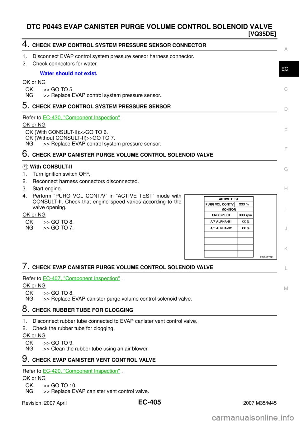 INFINITI M35 2007  Factory Service Manual DTC P0443 EVAP CANISTER PURGE VOLUME CONTROL SOLENOID VALVE
EC-405
[VQ35DE]
C
D
E
F
G
H
I
J
K
L
MA
EC
Revision: 2007 April2007 M35/M45
4. CHECK EVAP CONTROL SYSTEM PRESSURE SENSOR CONNECTOR
1. Disconn